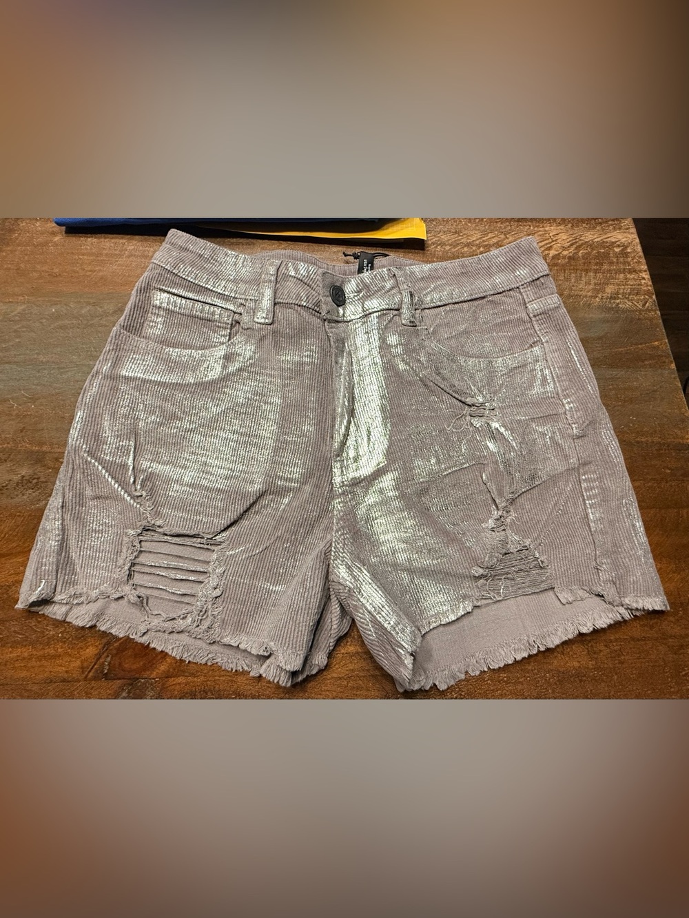 Women's Metallic Taupe Distressed Jean Shorts